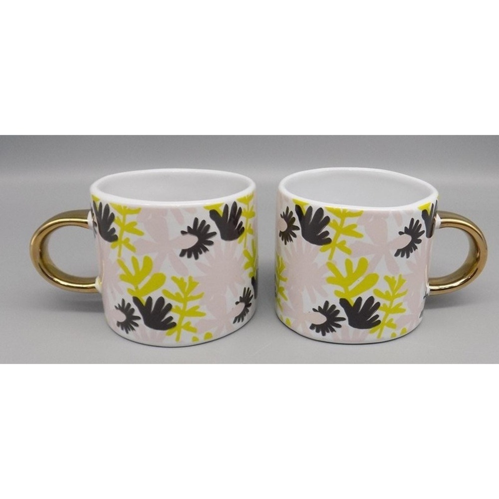 2 New Fringe Studio Floral Mugs w/ Gold Handles Anthropologie Pink Green w/ Tags